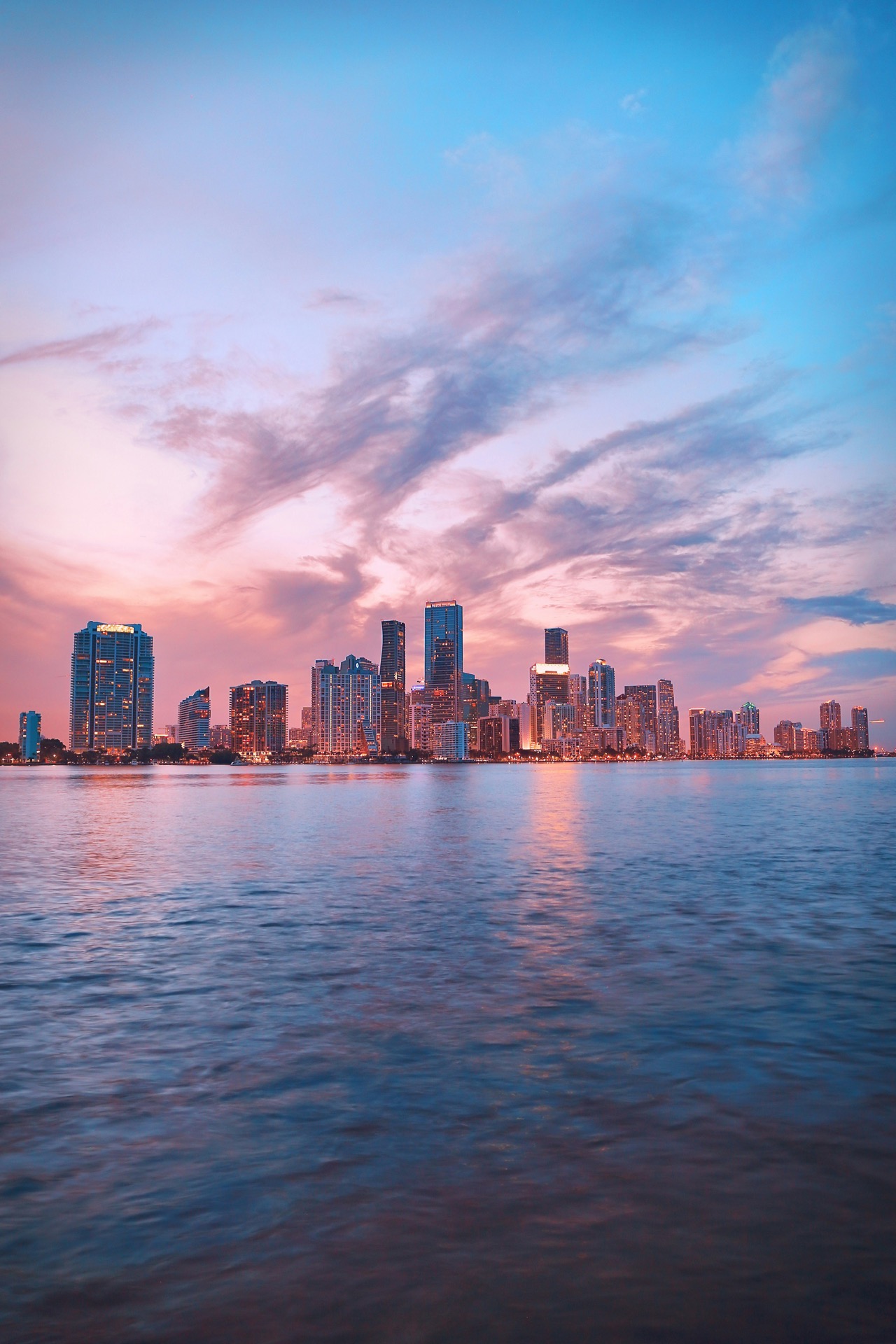 Sunset view of downtown Miami with luggage storage service